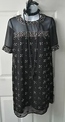 Beautiful Beaded Black Chiffon Dress Size 8 Peaky Blinders Style Gatsby Flapper  • £8.99