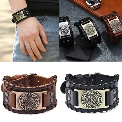 Men's Norse Viking Vegvisir Rune Leather Cuff Wristband Bracelets Amulet Jewelry • $5.14