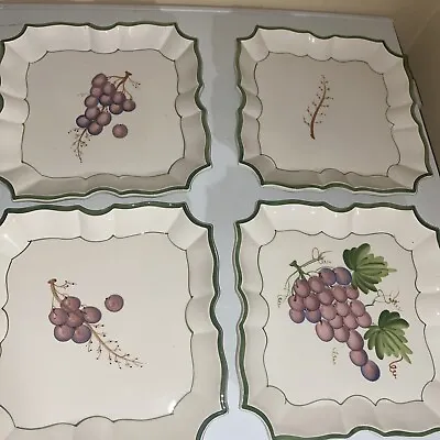 4 Vietri Italian Square Wall Plates Hand Painted Grapes Leaves Wine Scalloped • $13.49