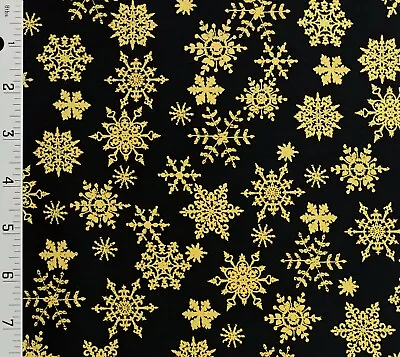 Black Metallic Gold Snowflakes Christmas Cotton Fabric - Choose Size • $8.15