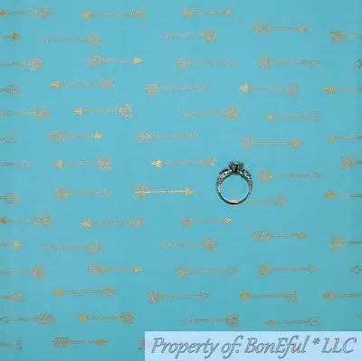 BonEful FABRIC Cotton Quilt Blue Small Nautical Arrow Gold Metallic Easter SCRAP • $0.95