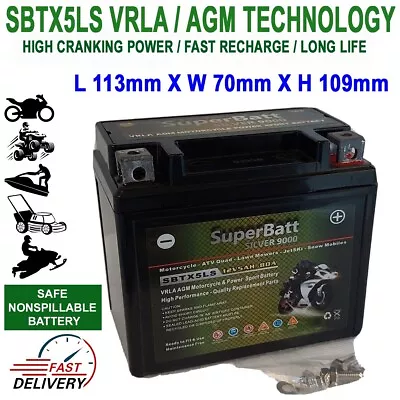 SBTX5LS Replaces YTX5L-BS AGM BATTERY 50CC 90CC 110CC ATV QUAD NTS5LBS 12VOLTS • £19.75