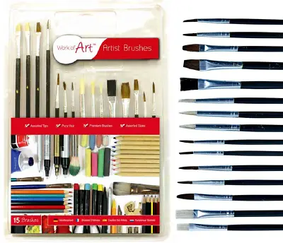 New 15 Pc Artists Paint Brush Set Fine Hobbies Crafts Model Making Brushes Kit • £3.39