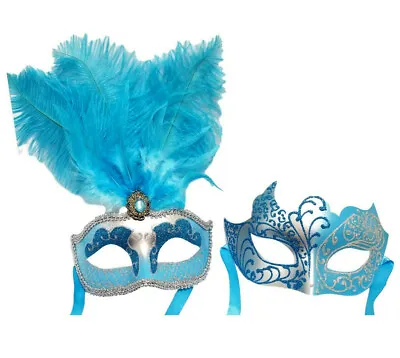 Silver Aqua Blue Man Woman Prom Masquerade Mardi Gras Mask Combo Couple Masks • $28.49