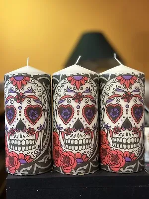 DAY OF THE DEAD SUGAR SKULL (BLACK & RED) Hand Decor CANDLES 16x7cm Set Of 3 • £28.75