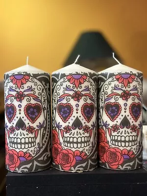 DAY OF THE DEAD SUGAR SKULL (BLACK & RED) Hand Decor CANDLES 16x7cm Set Of 3 • £28.75