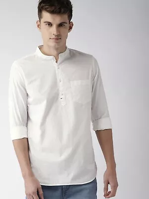 Indian Men’s Shirt Kurta White Cotton Solid Tunic Shirt Plus Size Solid Kurta • $34.89