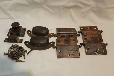 Lot Of 4 VTG Copper Tone Cabinet Door Hinges ~ 2 Cabinet Pulls ~ 1 Lock ~ Screws • $19