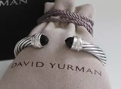 David Yurman Wmns Silver 7mm Cable Crossover Bracelet Black Onyx Diamonds Medium • $169.95