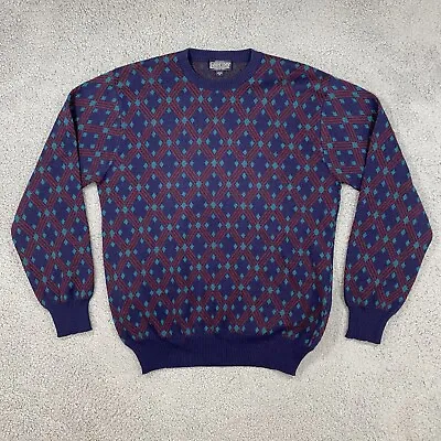 Lands End Lambswool Sweater Mens Medium Argyle Geometric Long Sleeve Blue Vtg • $22.88