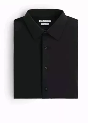 Men's Long Sleeve Button Up Stretch Shirt Sz XL Solid Black Collar Slim Fit Zara • $13.97