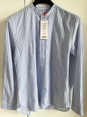 Orlebar Brown Giles Grandad Oxford Shirt Blue Stripe Band Collar Mandarin XL • $189