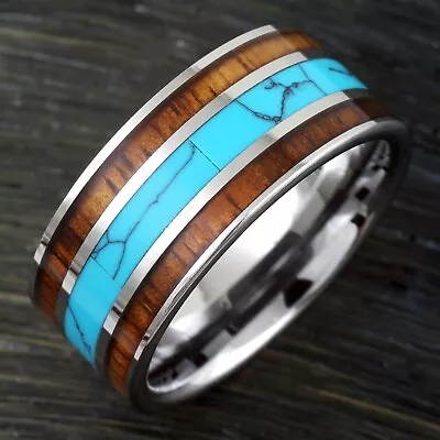 10mm Tungsten Men's Turquoise And Double Hawaiian Koa Wood Wedding Band • $18.99