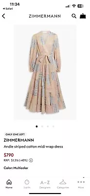 Zimmermann Andie Striped Cotton Midi Dress Sz3 • $390