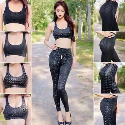 Women's Shiny Zipper Open Crotch Leggings Fitness Pants Crop Tops Gym Sports Bra • £8.63