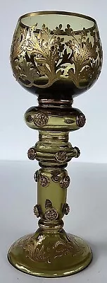 Antique Bohemian Moser Style ART GLASS Enameled Wine Goblet Green Gilt Czech • $225