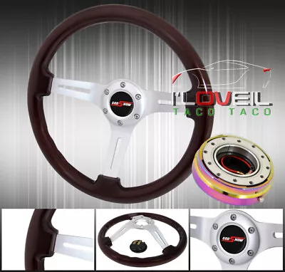 345mm Dark Wood Grain Streak Steering Wheel + Neo Chrome Quick Release + Button • $86.99