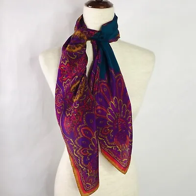 VTG Anne Klein Vera Silk Square Peacock Border Wrap Floral Blue Multicolor • $54.96