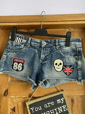 Mid Blue Denim Hot Pant Shorts With USA Union Jack & Skull Patches • £2