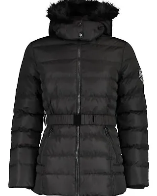 £14.99 • Buy New Boohoo Parka Jacket Faux Fur Hooded Black Belted Padded Coat UK