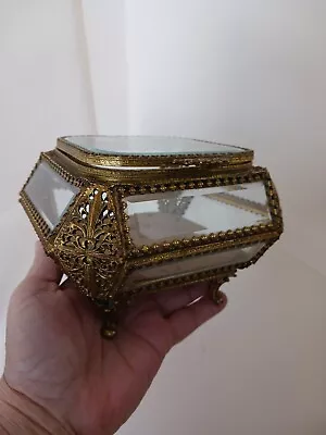 Vintage Ormolu Casket Jewelry Trinket Box 8 Sided Beveled Glass Gold Velvet Tuft • $165