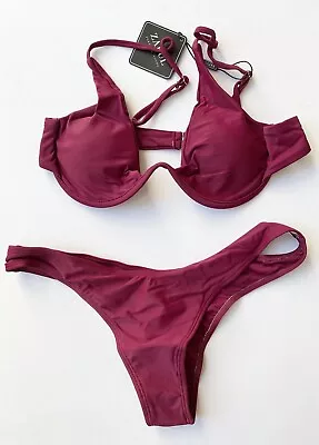 Zaful Burgundy Berry Underwired Bikini Top & Bottoms Swimwear Set BNWT - 10 • £11.50