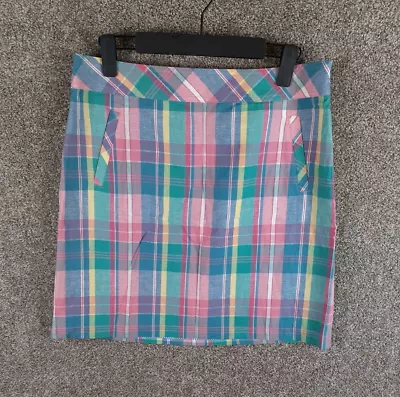 Talbots Madras Plaid Skirt Womens 8 Linen Blend Pink Blue Straight Casual Career • $21.99