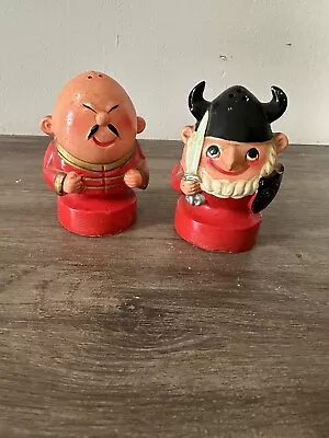 Vintage Wooden Salt And Pepper Shaker.  Viking And Chinese Man Made In Japan 4”T • $12