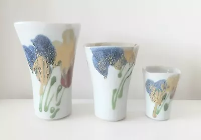 Janice Tchalenko Dartington Studio Pottery Poppy Pattern Trio Vases Hand Made • £75