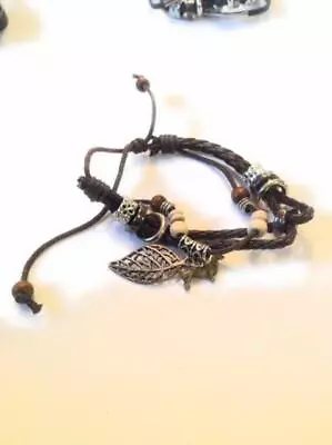 Leather Silver Leaf Beaded Bracelet With Dachshund Charm • $1.99