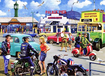 Brighton Pier BSA Triumph Mini Skirt Austin A35 Lambretta E Type Greeting Card • £2.98