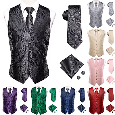 Mens Formal Wedding Waistcoat Floral Paisley Suit Vest Slim Tuxedo Silk Tie Set • $51.98