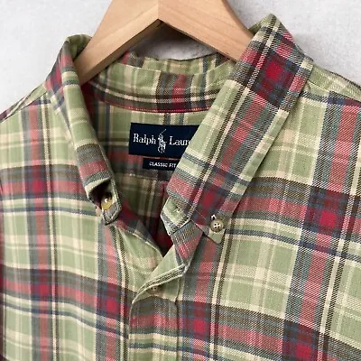 RALPH LAUREN Shirt Mens 2XL Classic Fit Plaid Button Front Long Sleeve Green Red • $17.49