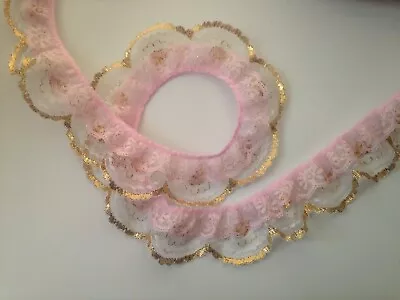Double Ruffled Scalloped Lace Trim Pink And Gold 2 Tier Lace Trim 2 YARDS • $6.95