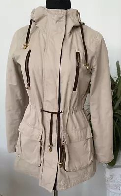 Zara Basic Women’s Safari Boho Beige Brown Zip Hooded Jacket Size S EUC! $160 • $127.49