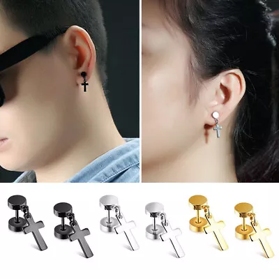 Stainless Steel Cross Dangle Earrings Studs Piercing Ear Jewelry Men Women Punk • £3.06