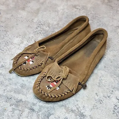Minnetonka Moccasins Women's Size 9 Leather Beaded Thunderbird Brown Shoes Flats • $17.95