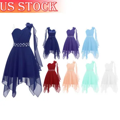 US Girls One Shoulder Flower Girl Dress Pageant Wedding Prom A-line Chiffon Gown • $16.96