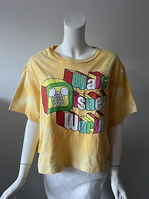 Original Disney Walt Disney World Yellow Tie Dye Retro Cropped Cotton T-Shirt XL • £28.94