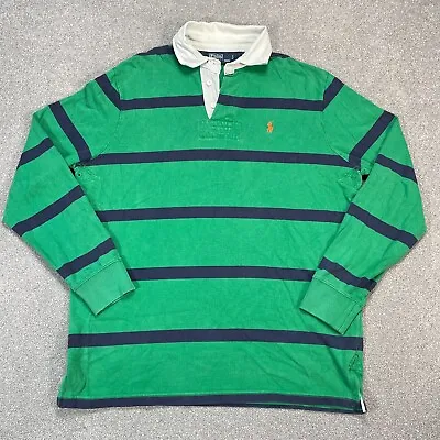 Polo Ralph Lauren Shirt Adult Medium Green Blue Pony Rugby Striped Preppy Mens • £41.99