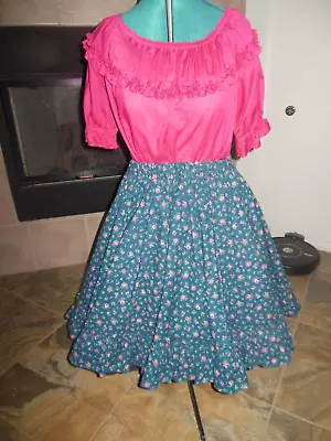 $15.99 • Buy Unbranded Square Dance Outfit Women - Teal Blue Calico Skirt 21  Pink Blouse
