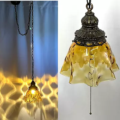 REWIRED Vtg MCM Retro Boho Amber Glass Hanging Pendant Swag Light Lamp 60s 1970s • $199.99