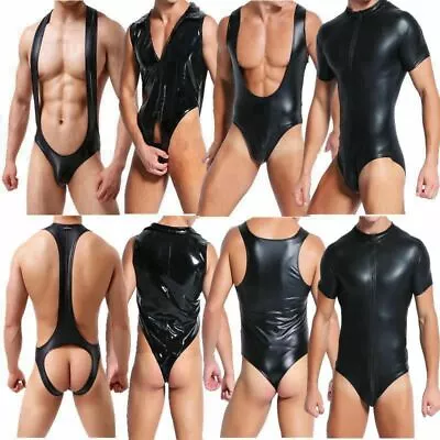 Sexy Mens Faux Leather Bodysuit Jumpsuit Latex Leotard Underwear Romper Clubwear • £11.69