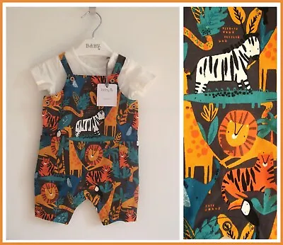 Baby Boys Dungaree Shorts & Bodysuit Outfit Safari Jungle Animals Newborn NEW • £9.99