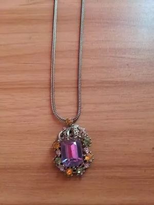 Vintage Avon Marcasite Pendant Pink/ Purple Glass Stone Necklace Fashion Jewelry • $14