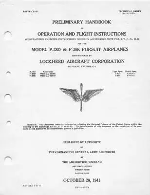 1942 Army Air Force P-38d & E Lightning Fighter Pilots Flight Manual Handbook-cd • $24.99