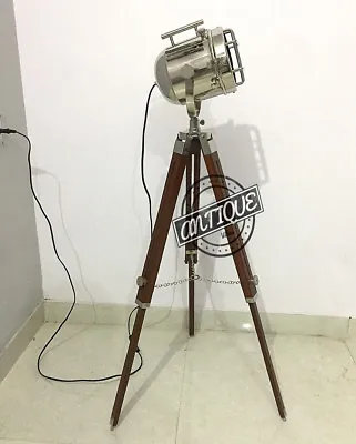 Vintage Wooden Movable-Tripod-Floor-LAMP ~ Nautical Spotlight Lamp Searchli • $77