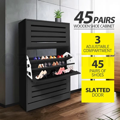 $139.95 • Buy Shoe Cabinet Shoes Storage Rack Organiser Wooden Shelf 3 Doors 45 Pairs Black