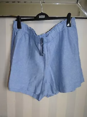 M&S COLLECTION Linen Rich Shorts Chambray Blue Elasticated Waist Size 24 • £9.50