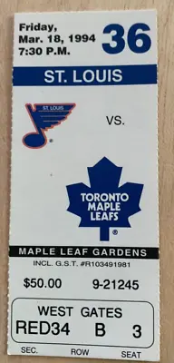 Toronto Maple Leafs Game Ticket Stub Vs St Louis Mar 18 1994 RED34 Row B  Seat 3 • $7.36